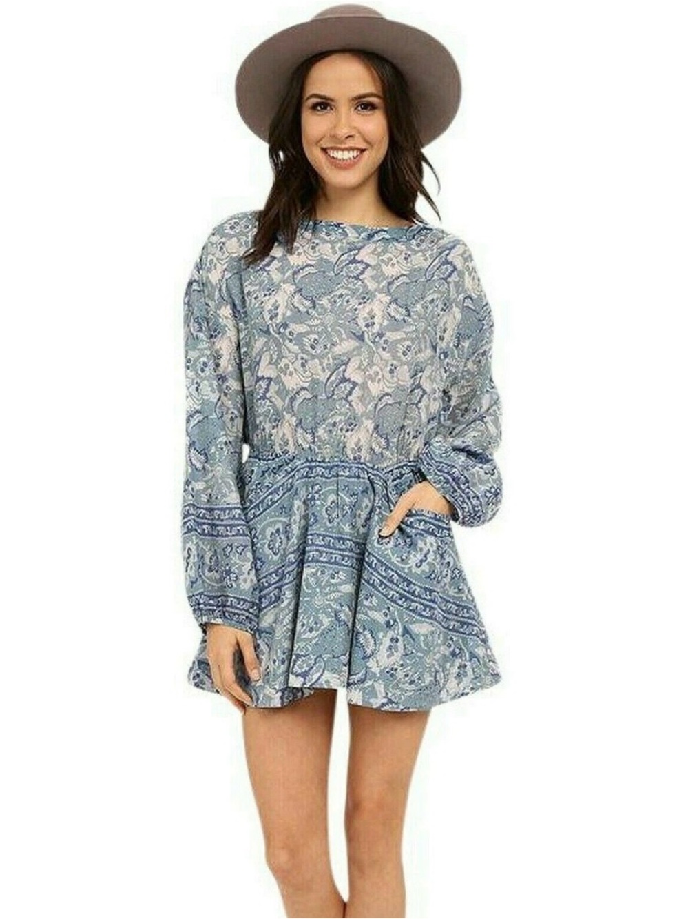 Free People Blue Paisley Boho Long Sleeve Open Back Romper Festival Cottagecore